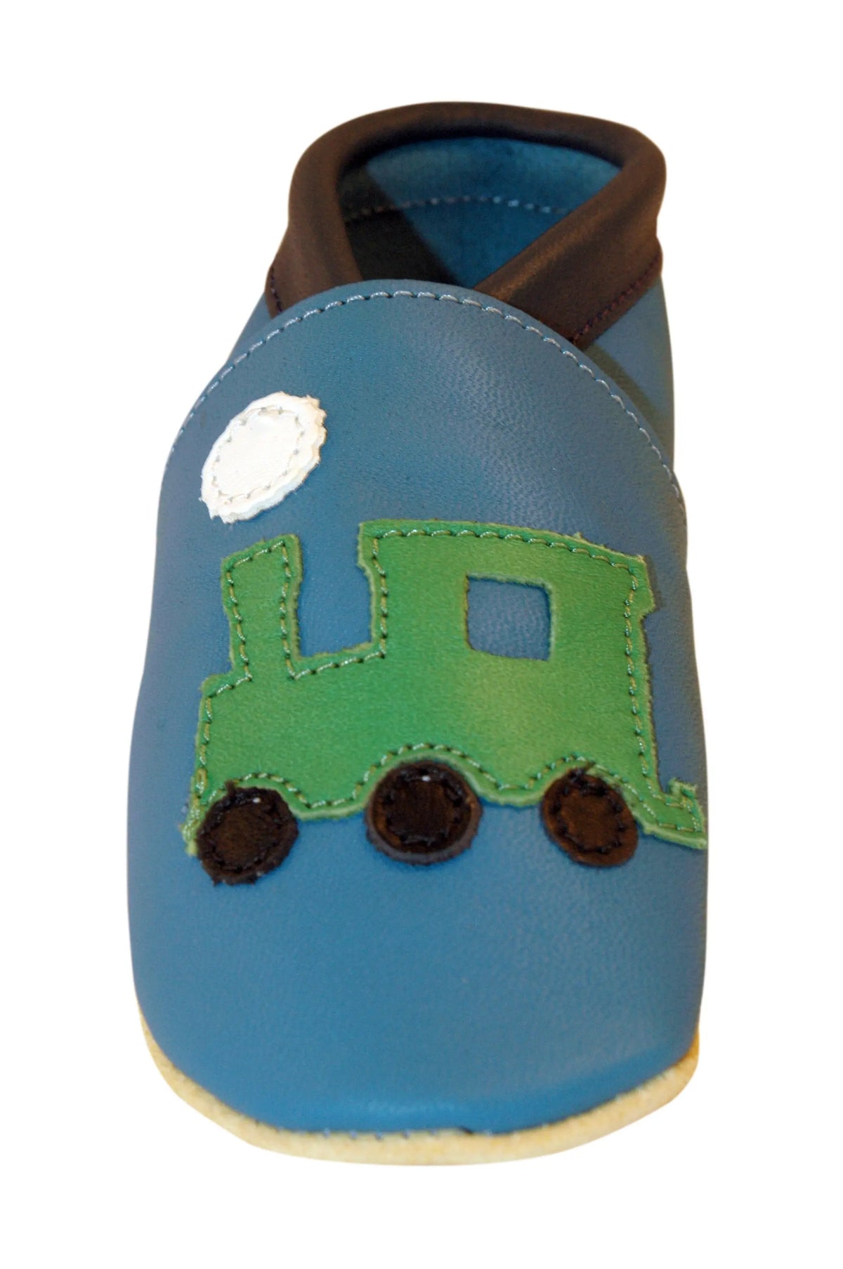 Three Little Imps Handmade Soft Leather Toddler Shoes - Green on Blue choo choo Train Three Little Imps