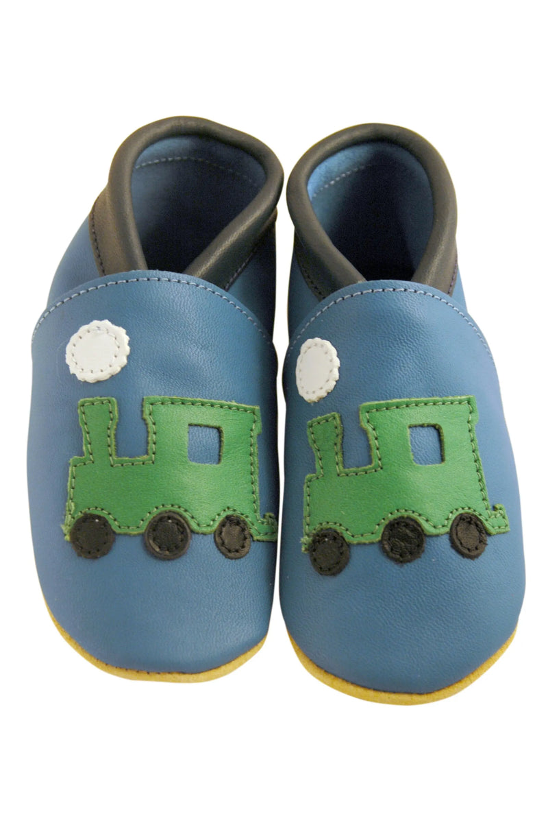 Three Little Imps Handmade Soft Leather Toddler Shoes - Green on Blue choo choo Train Three Little Imps