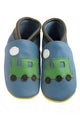 Three Little Imps Handmade Soft Leather Toddler Shoes - Green on Blue choo choo Train