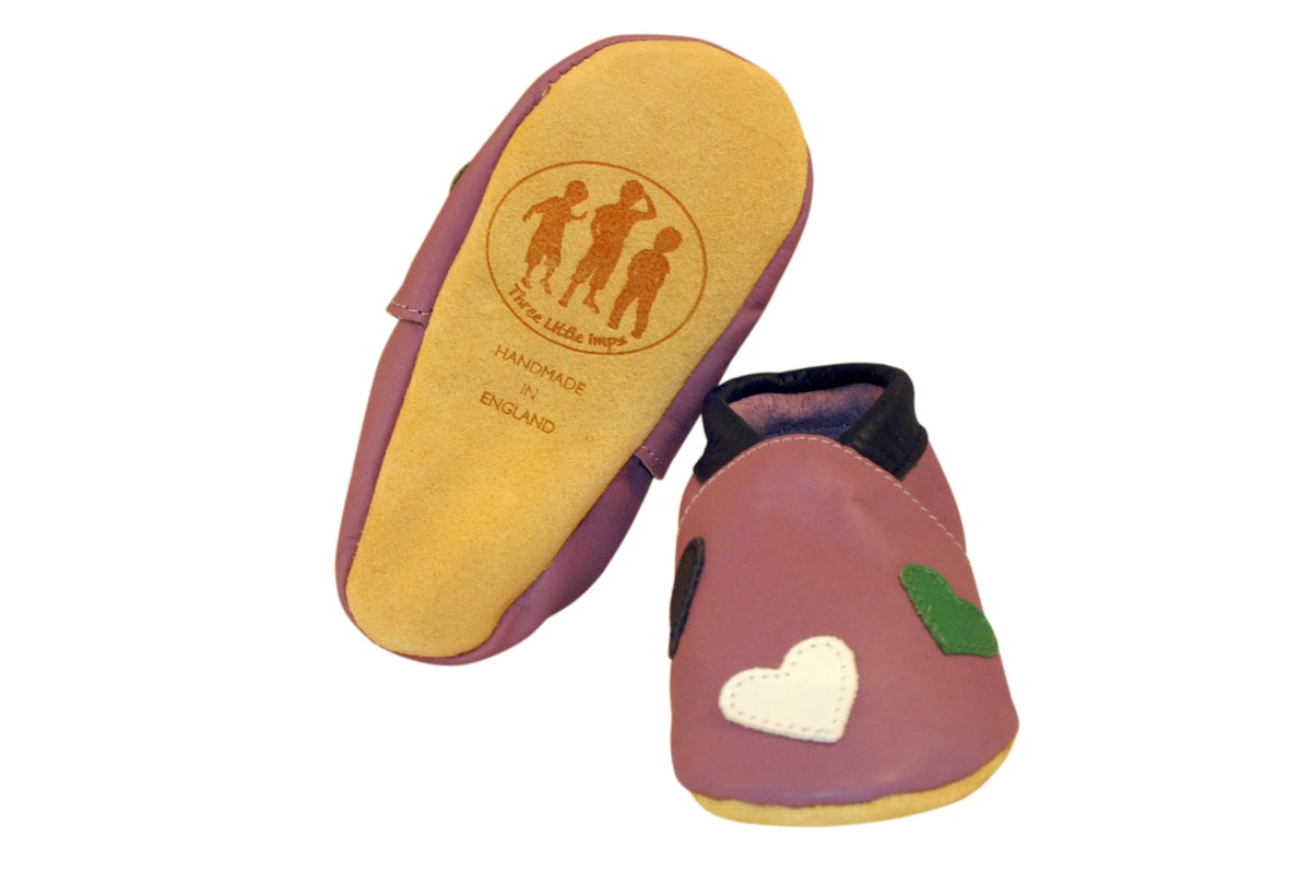 Three Little Imps Handmade Soft Leather Toddler Shoes - Warm Hearts on Lilac Three Little Imps