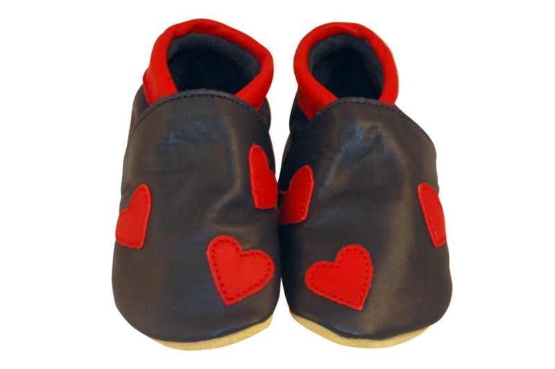 Three Little Imps Handmade Soft Leather Toddler Shoes - Red Hearts on Navy Blue Three Little Imps