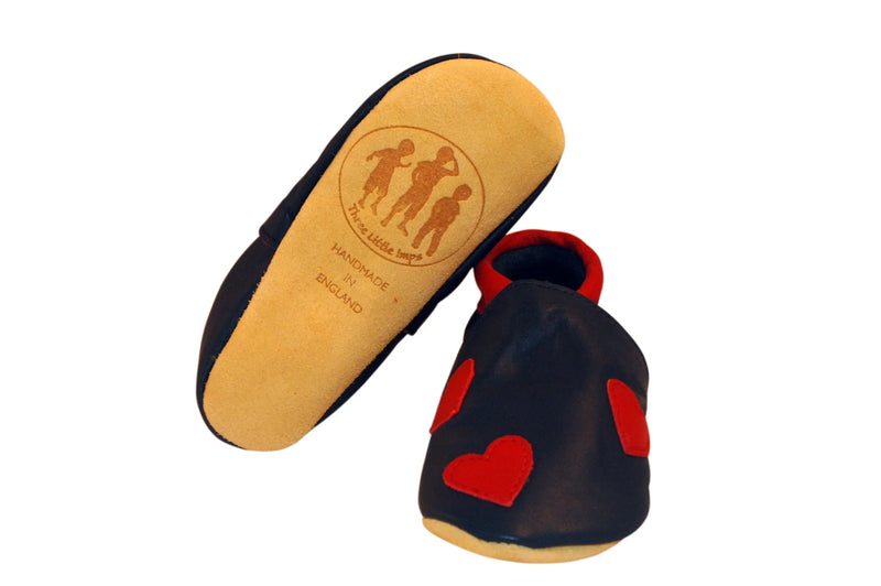 Three Little Imps Handmade Soft Leather Toddler Shoes - Red Hearts on Navy Blue Three Little Imps