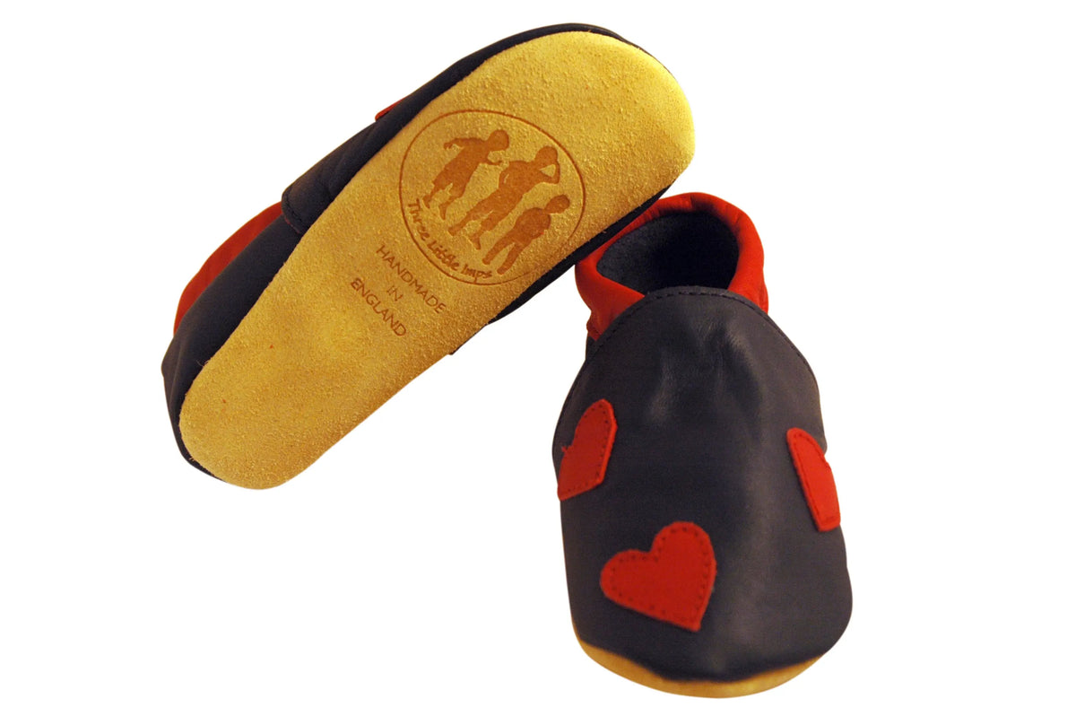 Three Little Imps Handmade Soft Leather Toddler Shoes - Red Hearts on Navy Blue Three Little Imps