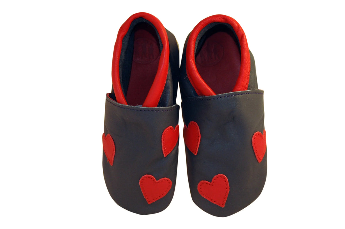 Three Little Imps Handmade Soft Leather Toddler Shoes - Red Hearts on Navy Blue Three Little Imps