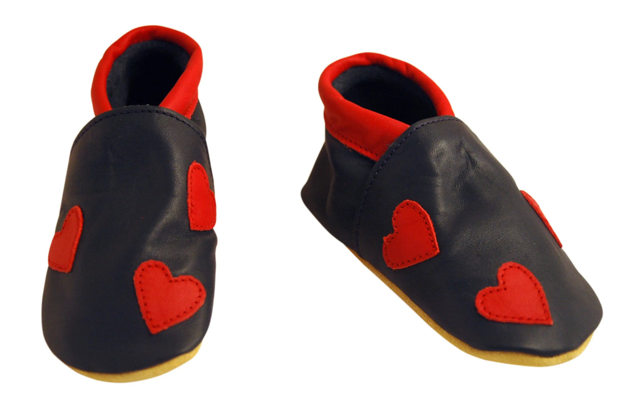 Three Little Imps Handmade Soft Leather Toddler Shoes - Red Hearts on Navy Blue Three Little Imps