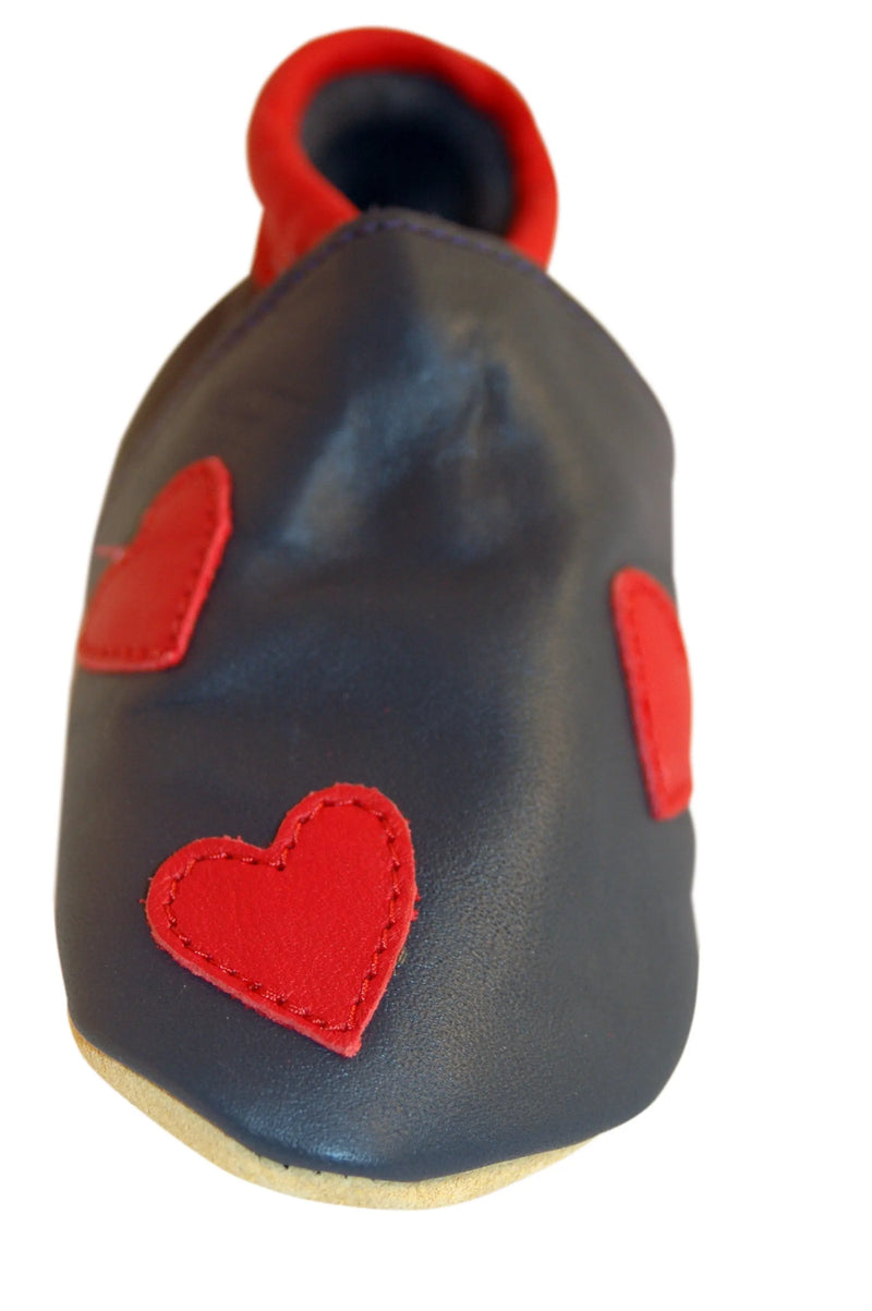 Three Little Imps Handmade Soft Leather Toddler Shoes - Red Hearts on Navy Blue Three Little Imps