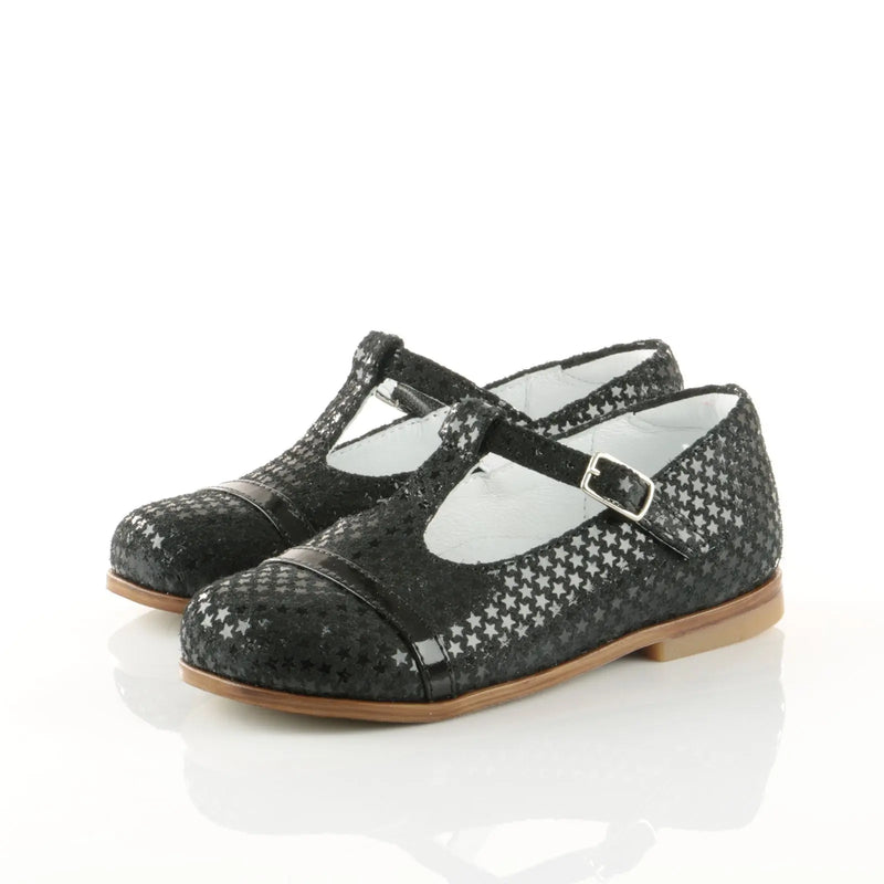 Emel Handcrafted Leather Childrens First Steps Shoes Handmade in the EU - Black Sparkly Emel