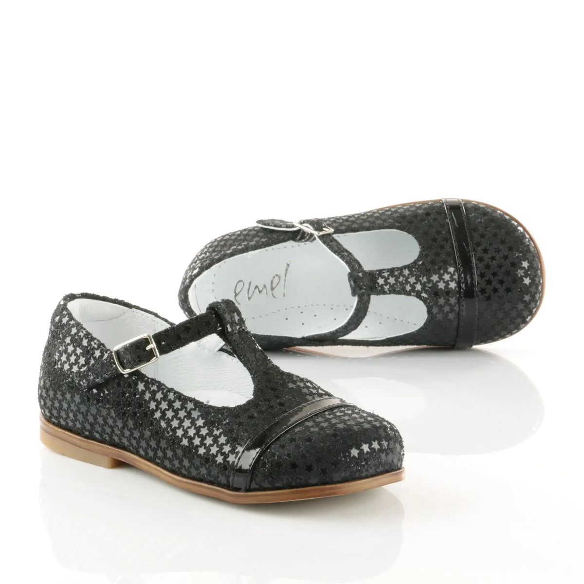 Emel Handcrafted Leather Childrens First Steps Shoes Handmade in the EU - Black Sparkly Emel