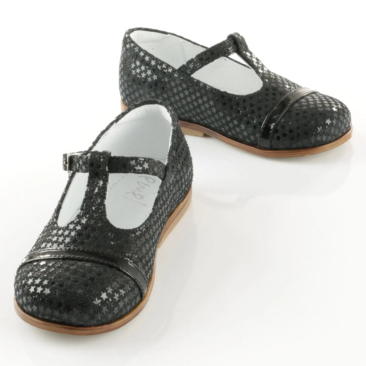 Emel Handcrafted Leather Childrens First Steps Shoes Handmade in the EU - Black Sparkly Emel