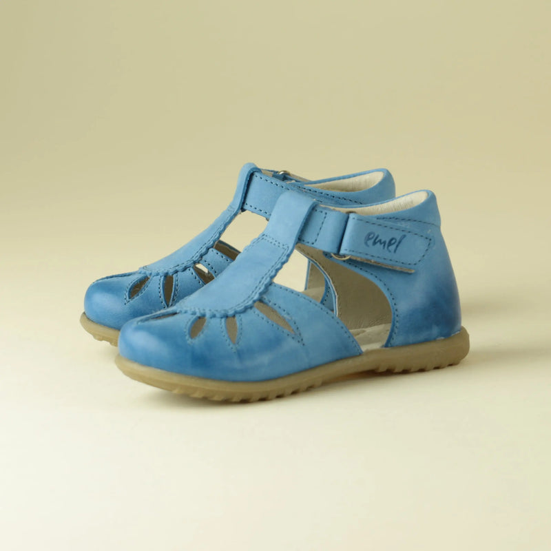 Emel Handcrafted Leather Childrens First Steps Shoes Handmade in the EU - Blue Sandals Emel
