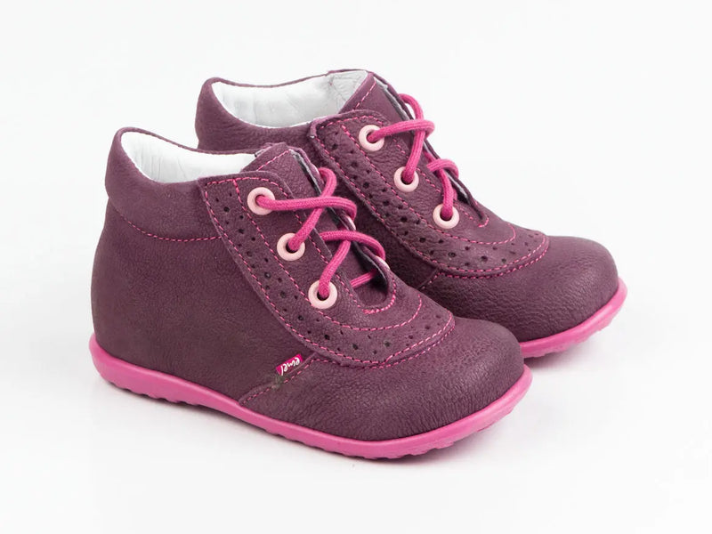 Emel Handcrafted Leather Childrens First Steps shoes Handmade in the EU - Purple Leather Lace Up Casual Style Emel