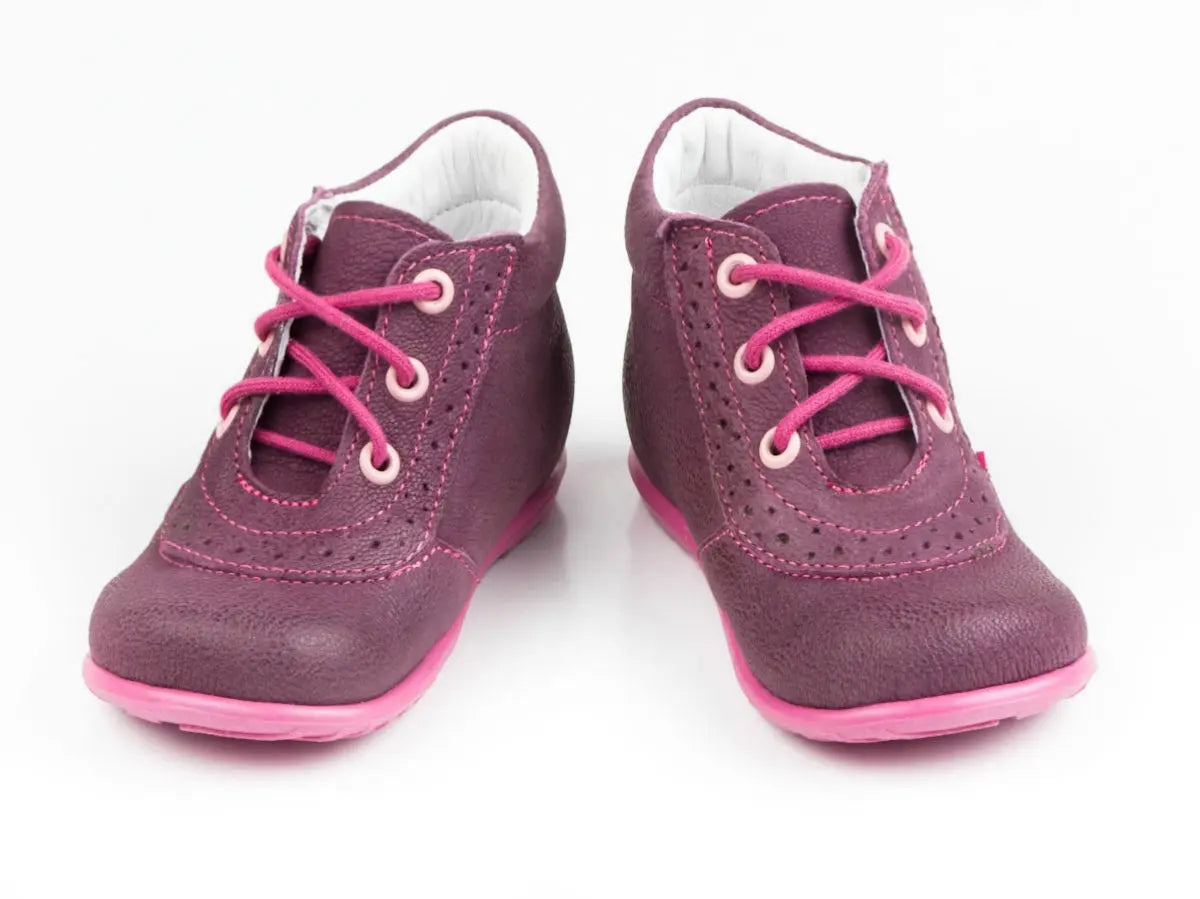 Emel Handcrafted Leather Childrens First Steps shoes Handmade in the EU - Purple Leather Lace Up Casual Style Emel