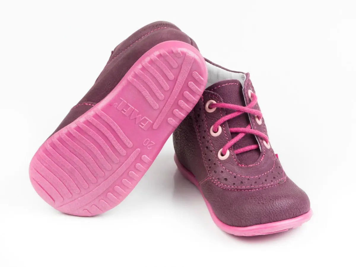 Emel Handcrafted Leather Childrens First Steps shoes Handmade in the EU - Purple Leather Lace Up Casual Style Emel